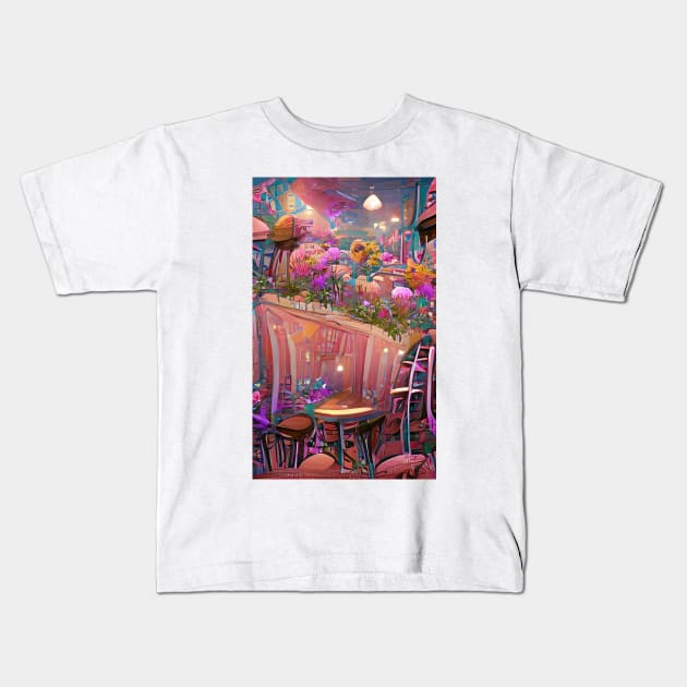 Psychedelic pink floral coffee shop| psychedelic floral coffee Kids T-Shirt by PsychicLove